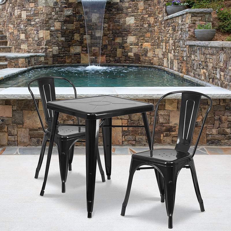Commercial Grade 23.75" Square Black Metal Indoor-Outdoor Table Set with 2 Stack Chairs. The main picture.