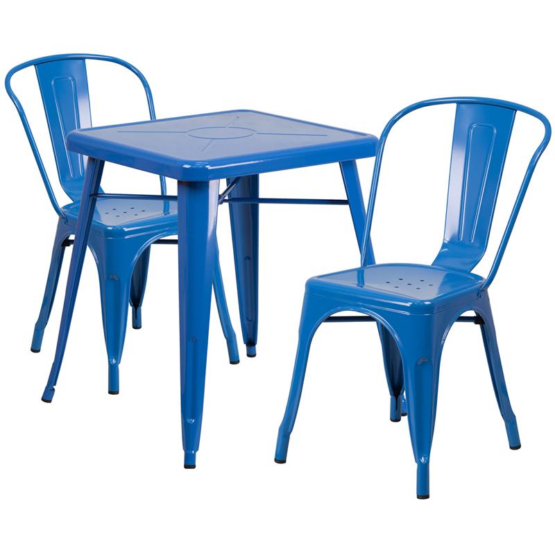 Commercial Grade 23.75" Square Blue Metal Indoor-Outdoor Table Set with 2 Stack Chairs. Picture 1