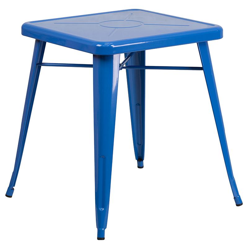 Commercial Grade 23.75" Square Blue Metal Indoor-Outdoor Table Set with 2 Stack Chairs. Picture 2