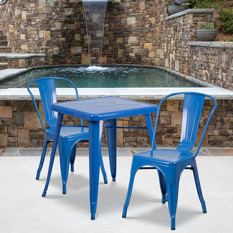 Commercial Grade 23.75" Square Blue Metal Indoor-Outdoor Table Set with 2 Stack Chairs. Picture 4