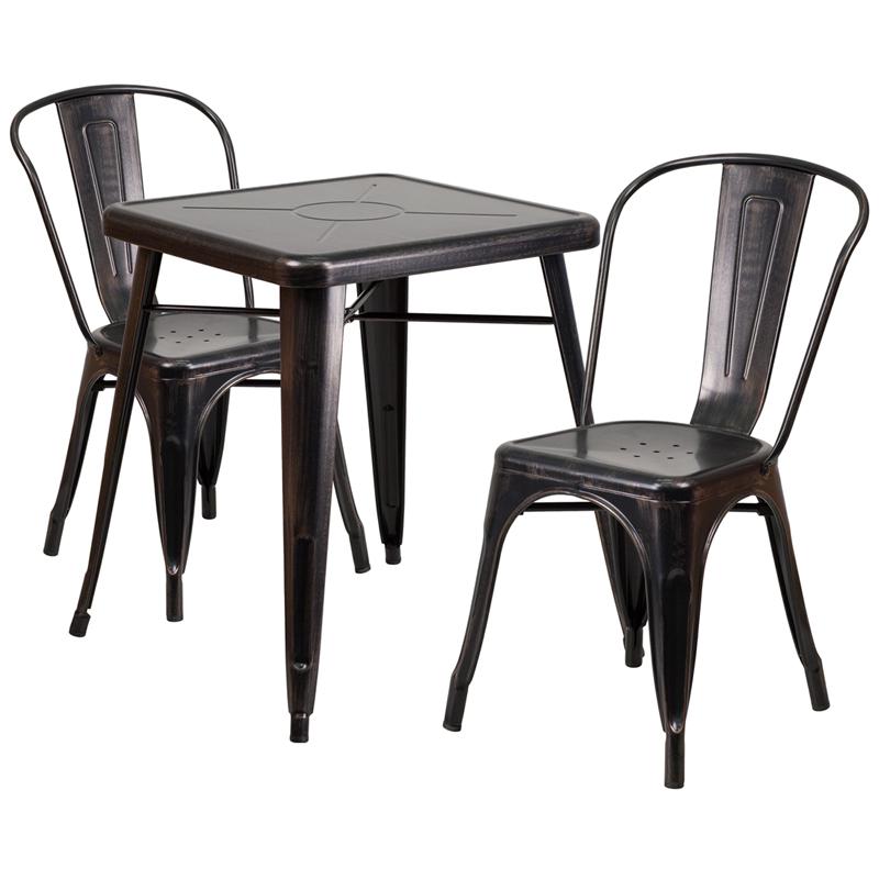 23.75" Black-Antique Gold Metal Indoor-Outdoor Table Set with 2 Stack Chairs. Picture 2