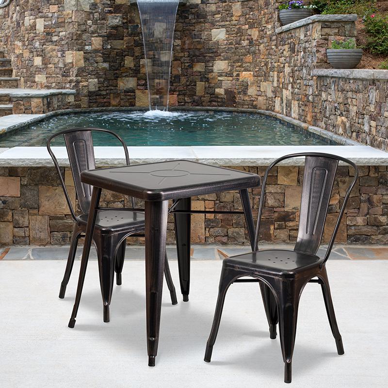 Commercial Grade 23.75" Square Black-Antique Gold Metal Indoor-Outdoor Table Set with 2 Stack Chairs. Picture 4