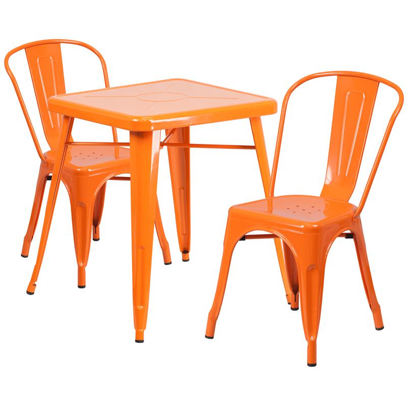 Commercial Grade 23.75" Square Orange Metal Indoor-Outdoor Table Set with 2 Stack Chairs. The main picture.