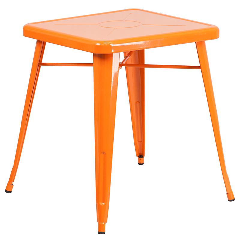 Commercial Grade 23.75" Square Orange Metal Indoor-Outdoor Table Set with 2 Stack Chairs. Picture 4