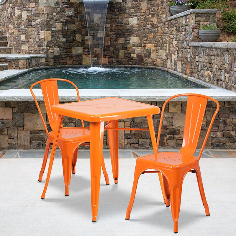 Commercial Grade 23.75" Square Orange Metal Indoor-Outdoor Table Set with 2 Stack Chairs. Picture 4