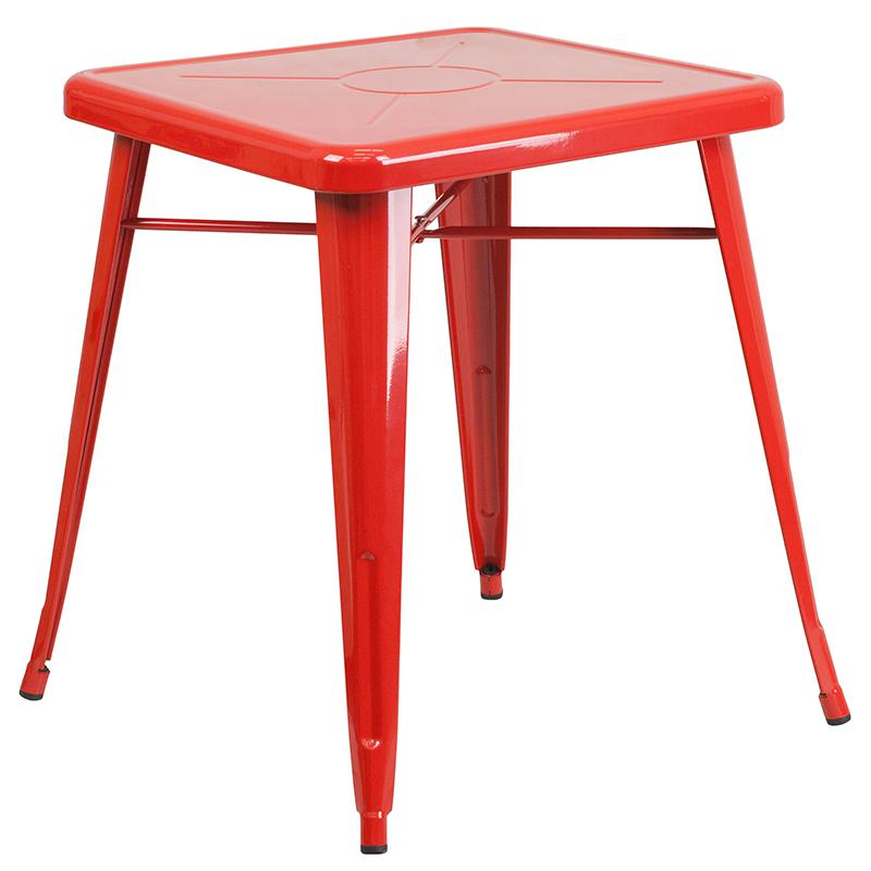 Commercial Grade 23.75" Square Red Metal Indoor-Outdoor Table Set with 2 Stack Chairs. Picture 2