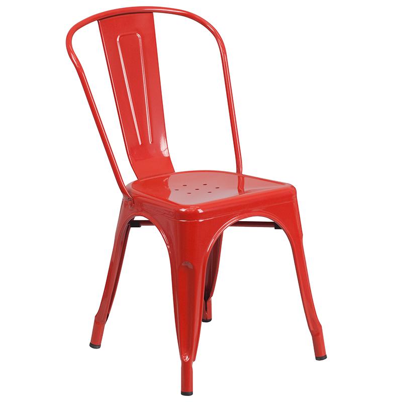 Commercial Grade 23.75" Square Red Metal Indoor-Outdoor Table Set with 2 Stack Chairs. Picture 3