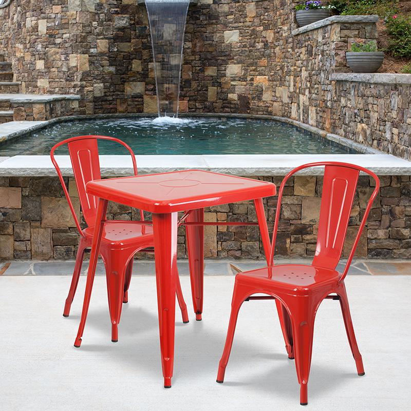 Commercial Grade 23.75" Square Red Metal Indoor-Outdoor Table Set with 2 Stack Chairs. Picture 4