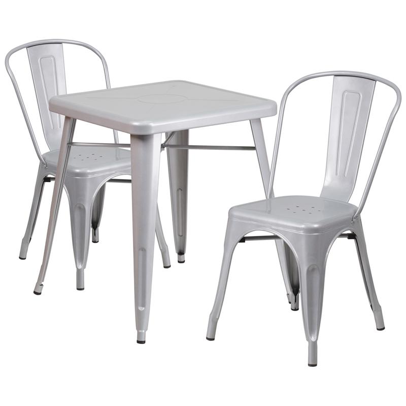 Commercial Grade 23.75" Square Silver Metal Indoor-Outdoor Table Set with 2 Stack Chairs. Picture 1