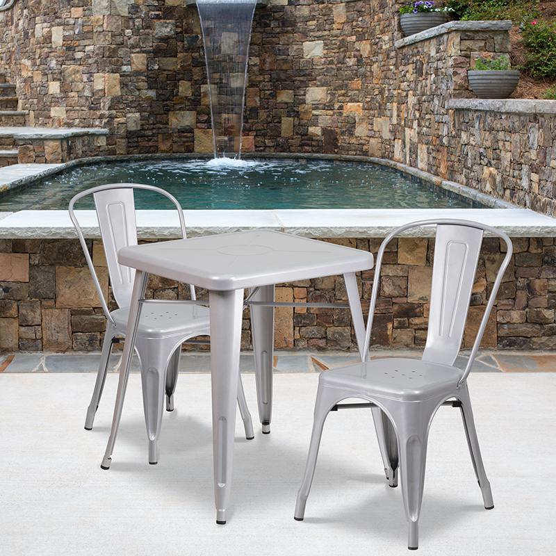 Commercial Grade 23.75" Square Silver Metal Indoor-Outdoor Table Set with 2 Stack Chairs. Picture 4