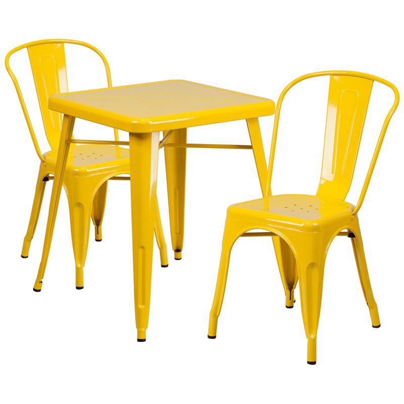 Commercial Grade 23.75" Square Yellow Metal Indoor-Outdoor Table Set with 2 Stack Chairs. Picture 1