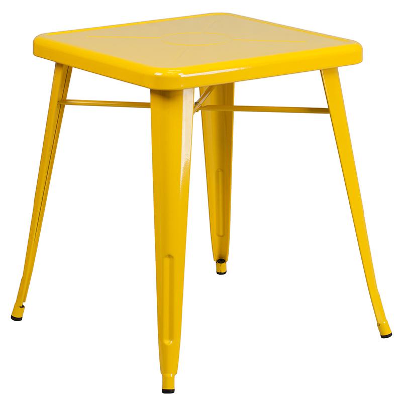 23.75" Square Yellow Metal Indoor-Outdoor Table Set with 2 Stack Chairs. Picture 4