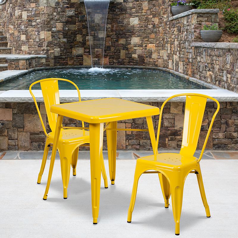 23.75" Square Yellow Metal Indoor-Outdoor Table Set with 2 Stack Chairs. Picture 1