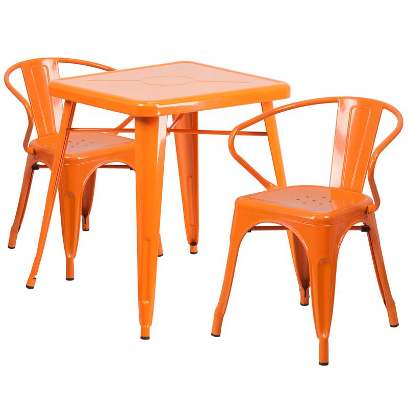 Commercial Grade 23.75" Square Orange Metal Indoor-Outdoor Table Set with 2 Arm Chairs. Picture 1