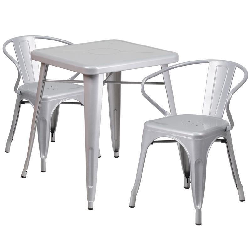 Commercial Grade 23.75" Square Silver Metal Indoor-Outdoor Table Set with 2 Arm Chairs. Picture 1
