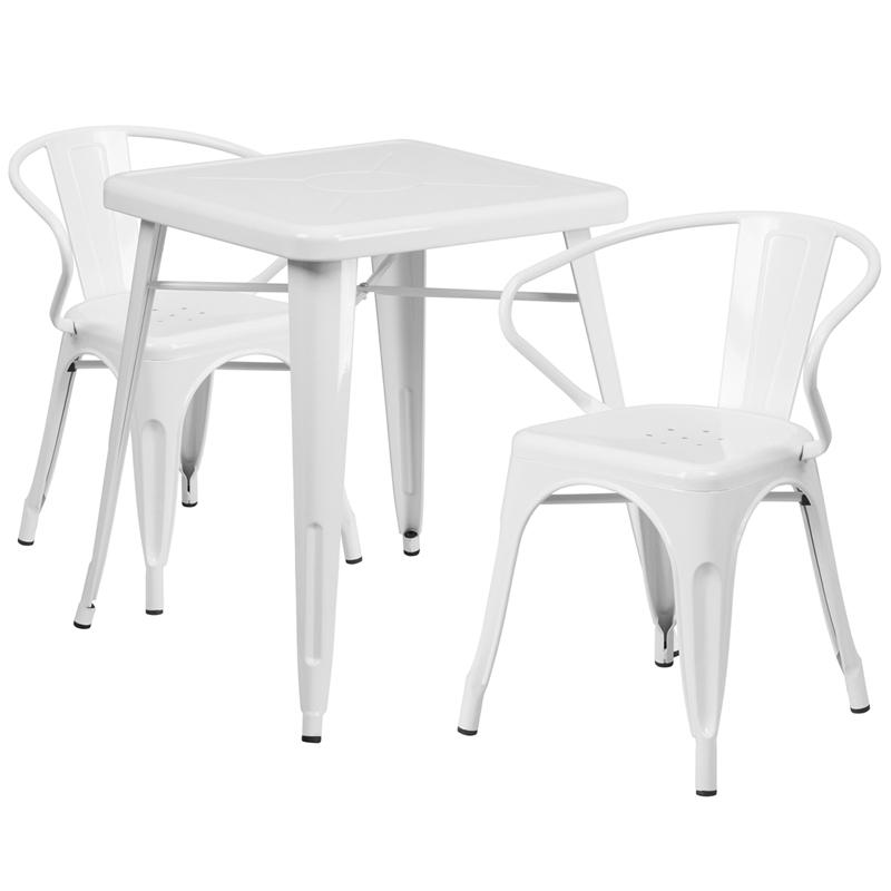 Commercial Grade 23.75" Square White Metal Indoor-Outdoor Table Set with 2 Arm Chairs. Picture 1