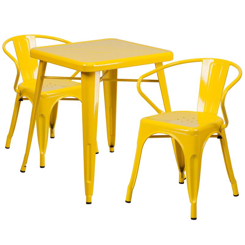 23.75" Square Yellow Metal Indoor-Outdoor Table Set with 2 Arm Chairs. Picture 1
