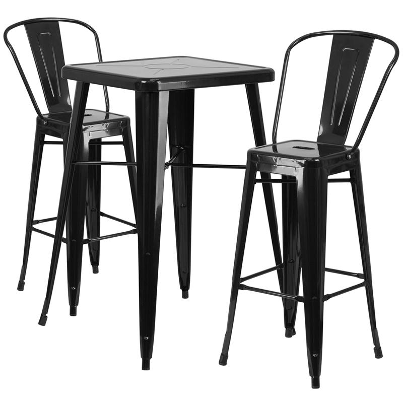 Commercial Grade 23.75" Square Black Metal Indoor-Outdoor Bar Table Set with 2 Stools with Backs. The main picture.