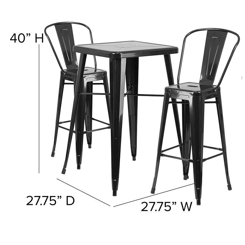 Commercial Grade 23.75" Square Black Metal Indoor-Outdoor Bar Table Set with 2 Stools with Backs. Picture 2