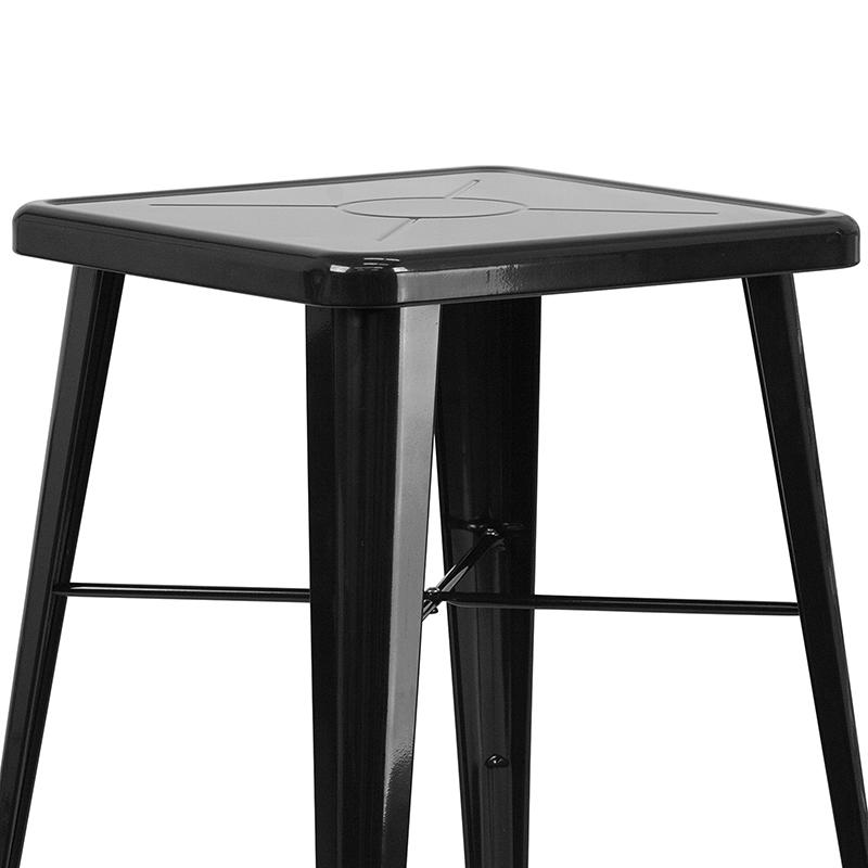23.75" Square Black Metal Indoor-Outdoor Bar Table Set with 2 Stools with Backs. Picture 5