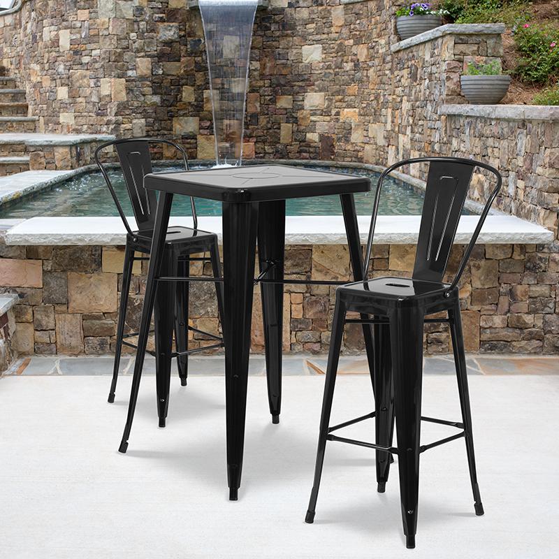 Commercial Grade 23.75" Square Black Metal Indoor-Outdoor Bar Table Set with 2 Stools with Backs. Picture 5