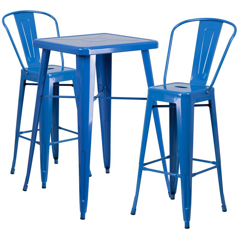 23.75" Square Blue Metal Indoor-Outdoor Bar Table Set with 2 Stools with Backs. Picture 2