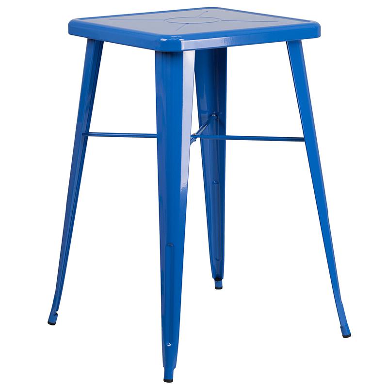 23.75" Square Blue Metal Indoor-Outdoor Bar Table Set with 2 Stools with Backs. Picture 4