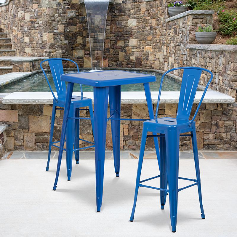 23.75" Square Blue Metal Indoor-Outdoor Bar Table Set with 2 Stools with Backs. Picture 1