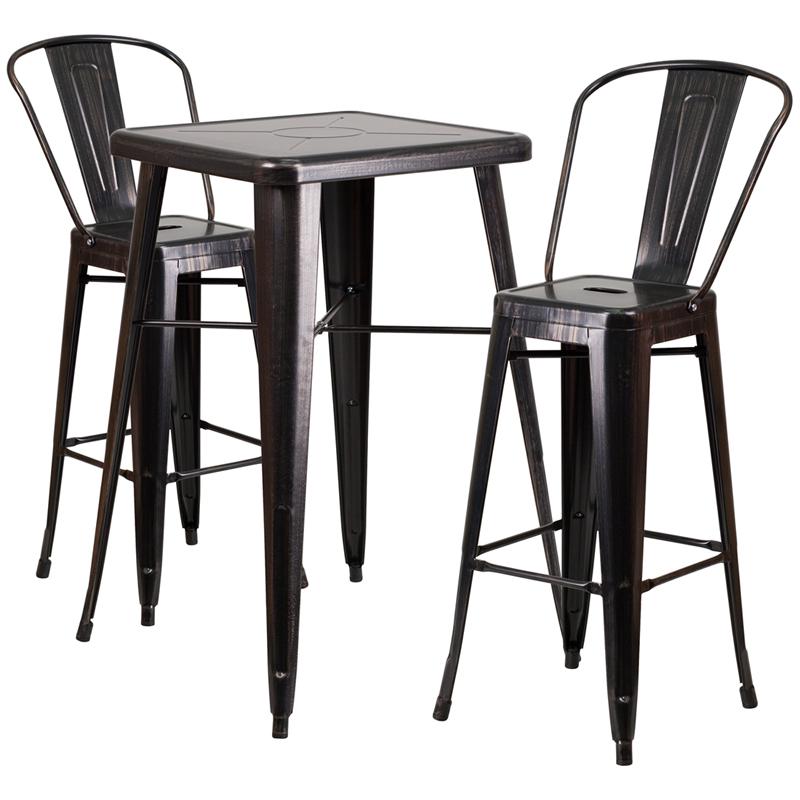 Commercial Grade 23.75" Square Black-Antique Gold Metal Indoor-Outdoor Bar Table Set with 2 Stools with Backs. Picture 1