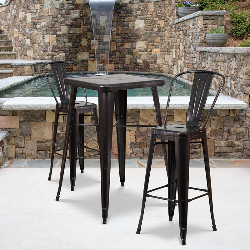 Commercial Grade 23.75" Square Black-Antique Gold Metal Indoor-Outdoor Bar Table Set with 2 Stools with Backs. Picture 4