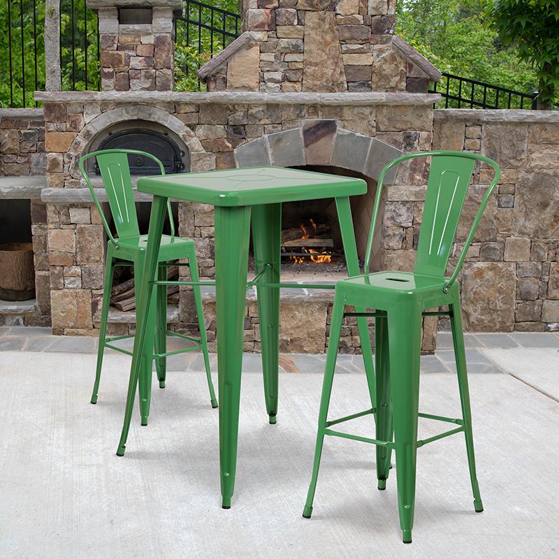 Commercial Grade 23.75" Square Green Metal Indoor-Outdoor Bar Table Set with 2 Stools with Backs. Picture 1