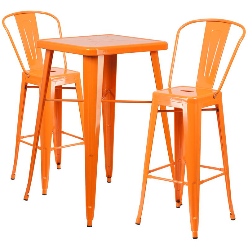 Commercial Grade 23.75" Square Orange Metal Indoor-Outdoor Bar Table Set with 2 Stools with Backs. Picture 1