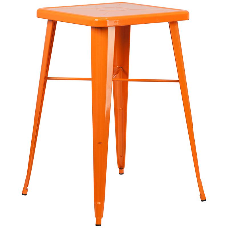 Commercial Grade 23.75" Square Orange Metal Indoor-Outdoor Bar Table Set with 2 Stools with Backs. Picture 2