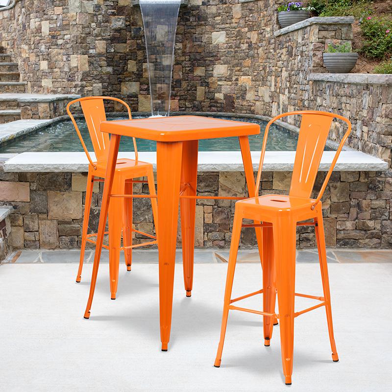 23.75" Square Orange Metal Indoor-Outdoor Bar Table Set with 2 Stools with Backs. Picture 1