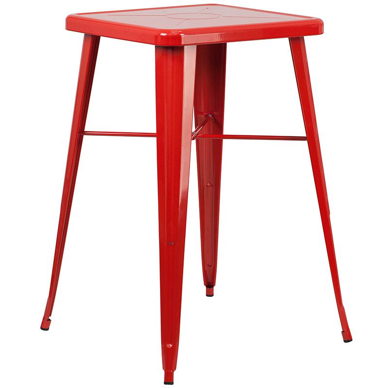 Commercial Grade 23.75" Square Red Metal Indoor-Outdoor Bar Table Set with 2 Stools with Backs. Picture 2