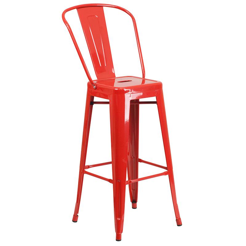 Commercial Grade 23.75" Square Red Metal Indoor-Outdoor Bar Table Set with 2 Stools with Backs. Picture 3