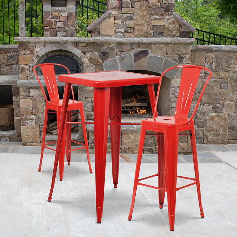Commercial Grade 23.75" Square Red Metal Indoor-Outdoor Bar Table Set with 2 Stools with Backs. Picture 4