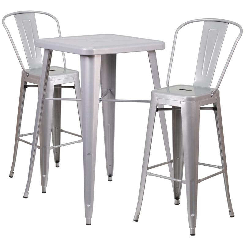 Commercial Grade 23.75" Square Silver Metal Indoor-Outdoor Bar Table Set with 2 Stools with Backs. Picture 1