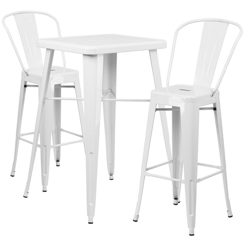 Commercial Grade 23.75" Square White Metal Indoor-Outdoor Bar Table Set with 2 Stools with Backs. Picture 1