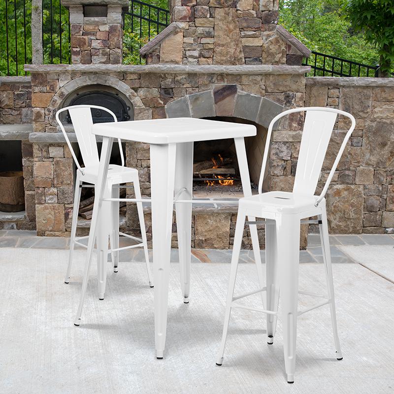 23.75" Square White Metal Indoor-Outdoor Bar Table Set with 2 Stools with Backs. Picture 1