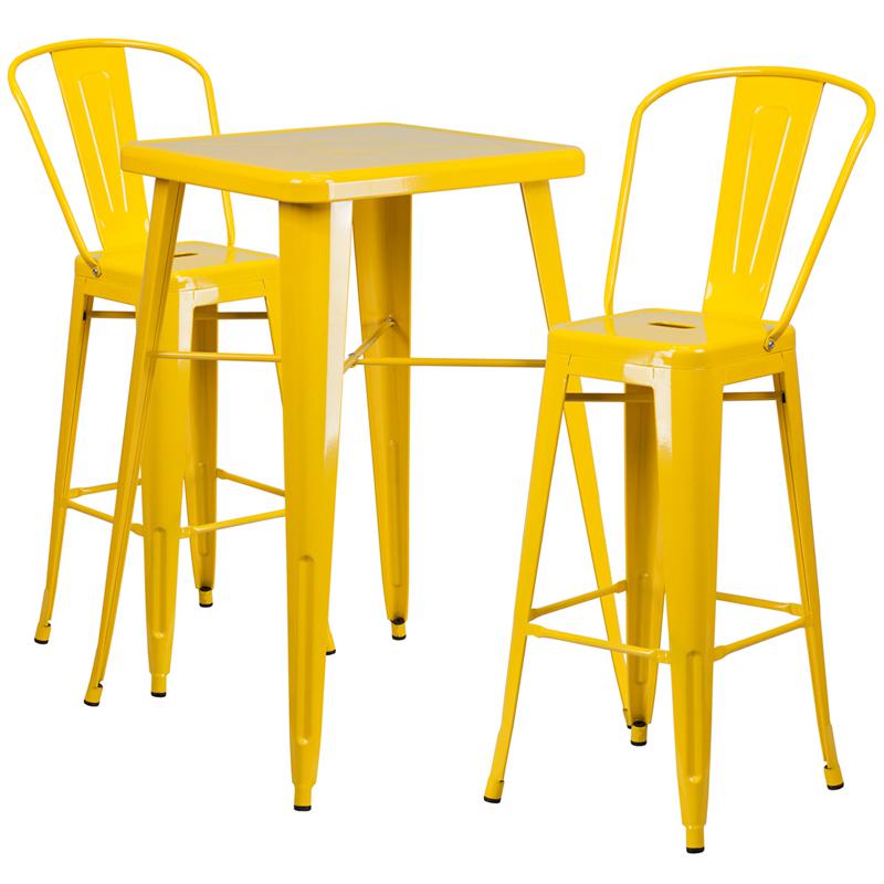 Commercial Grade 23.75" Square Yellow Metal Indoor-Outdoor Bar Table Set with 2 Stools with Backs. Picture 1