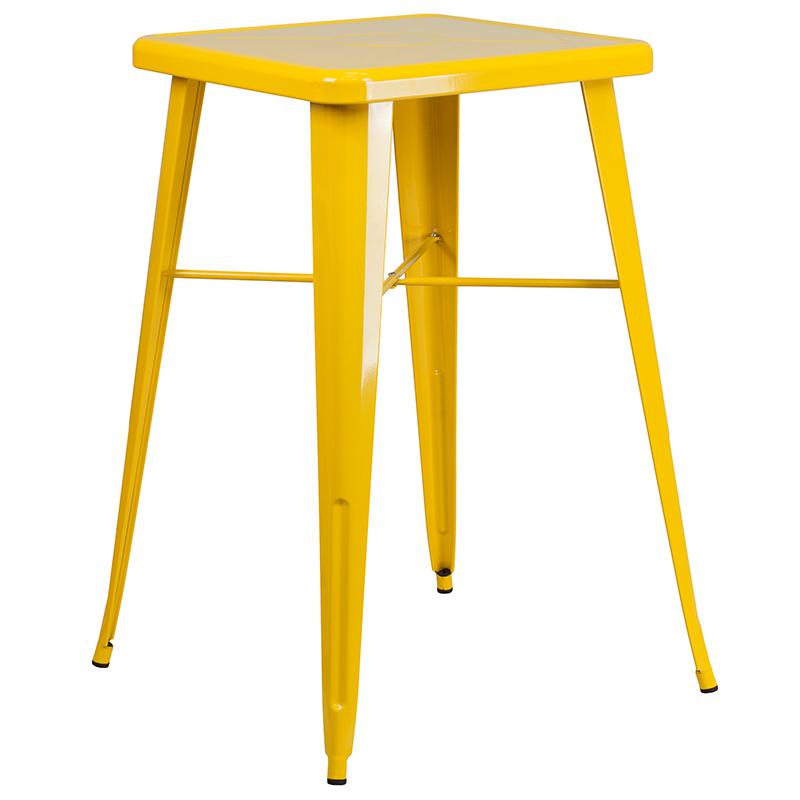 23.75" Square Yellow Metal Indoor-Outdoor Bar Table Set with 2 Stools with Backs. Picture 4