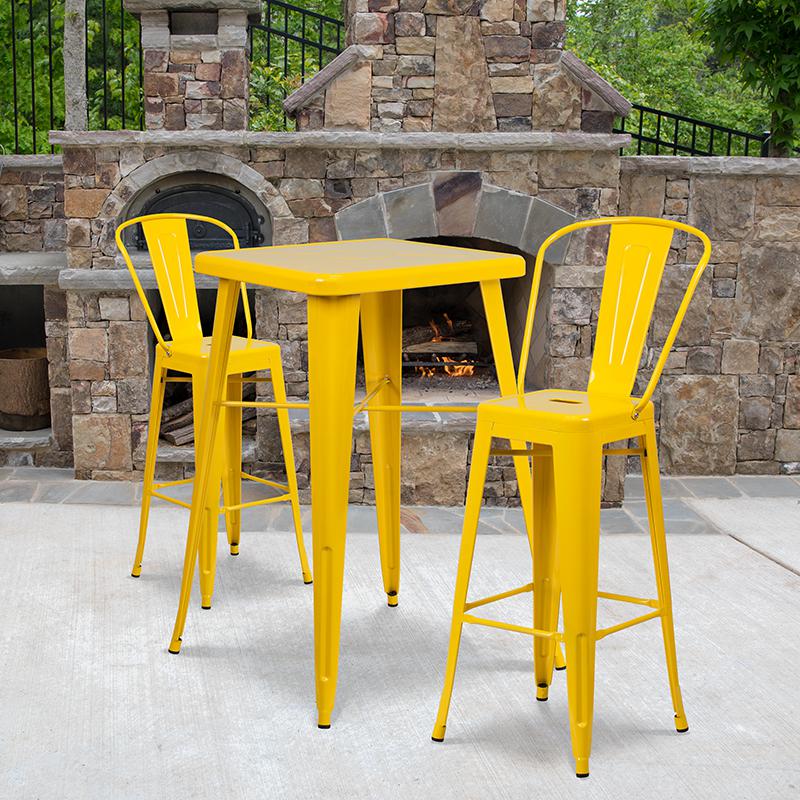 Commercial Grade 23.75" Square Yellow Metal Indoor-Outdoor Bar Table Set with 2 Stools with Backs. Picture 4