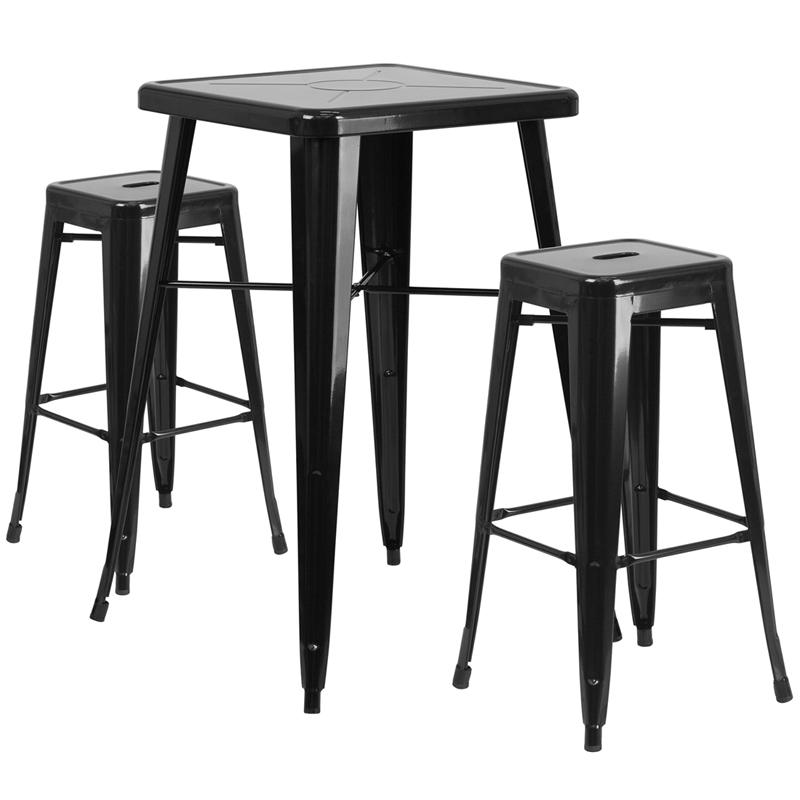 23.75" Square Black Metal In-Outdoor Bar Table Set-2 Square Seat Stools. Picture 2