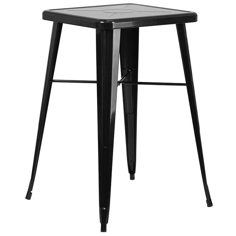 Commercial Grade 23.75" Square Black Metal Indoor-Outdoor Bar Table Set with 2 Square Seat Backless Stools. Picture 2