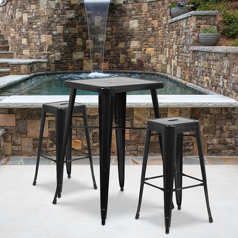 Commercial Grade 23.75" Square Black Metal Indoor-Outdoor Bar Table Set with 2 Square Seat Backless Stools. Picture 4