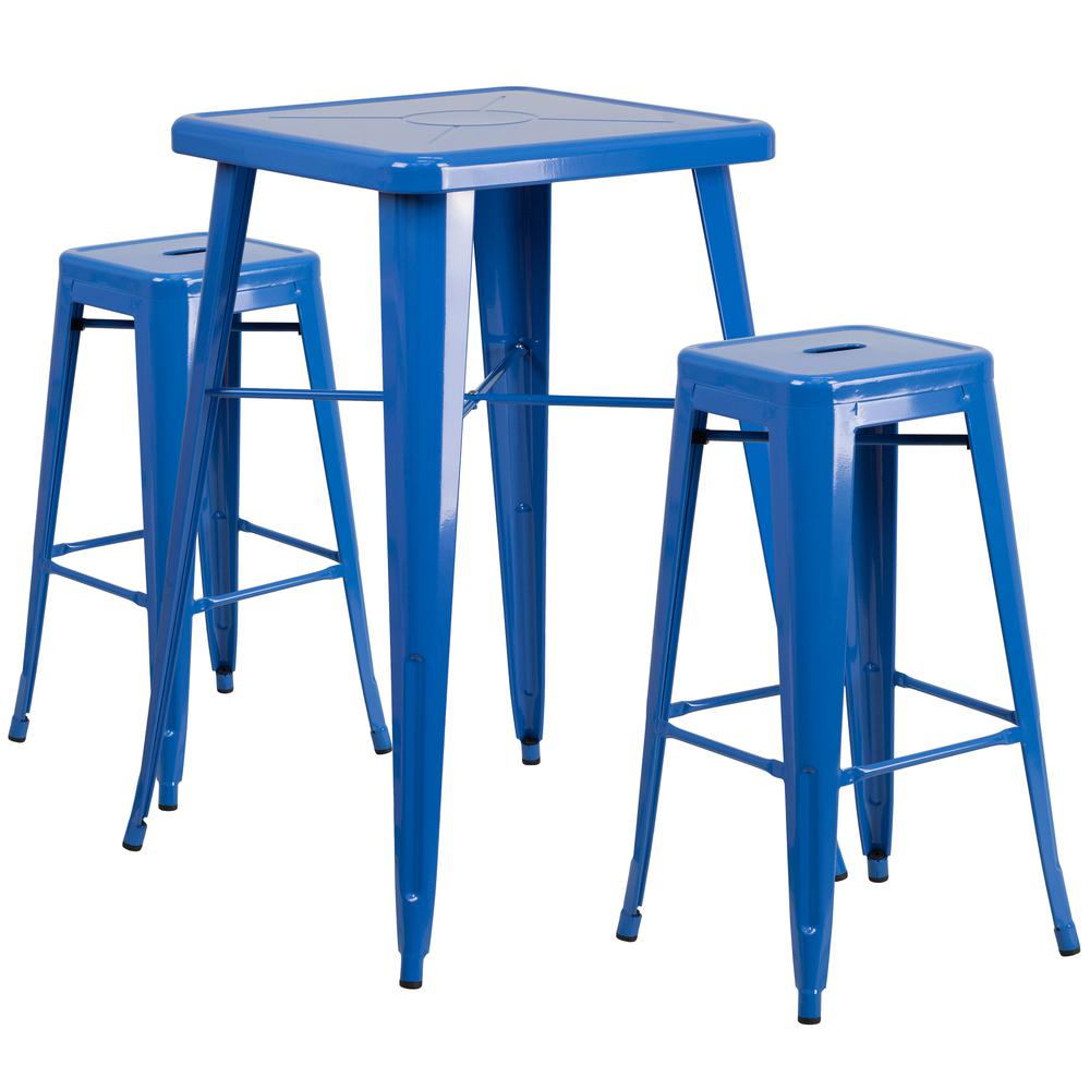 Commercial Grade 23.75" Square Blue Metal Indoor-Outdoor Bar Table Set with 2 Square Seat Backless Stools. Picture 1
