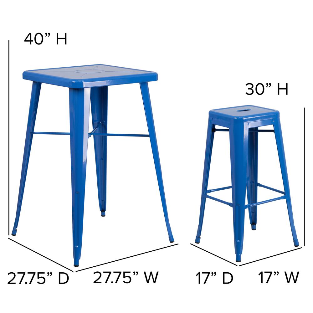 Commercial Grade 23.75" Square Blue Metal Indoor-Outdoor Bar Table Set with 2 Square Seat Backless Stools. Picture 2