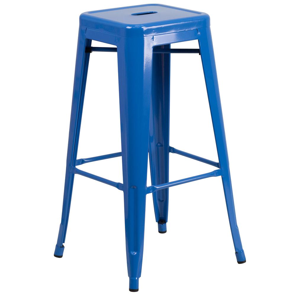 Commercial Grade 23.75" Square Blue Metal Indoor-Outdoor Bar Table Set with 2 Square Seat Backless Stools. Picture 4