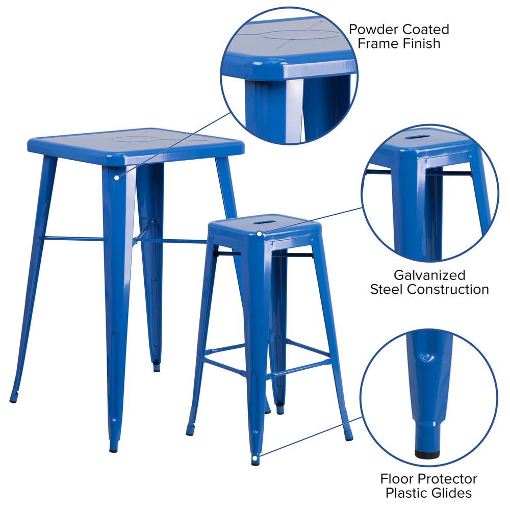 Commercial Grade 23.75" Square Blue Metal Indoor-Outdoor Bar Table Set with 2 Square Seat Backless Stools. Picture 5